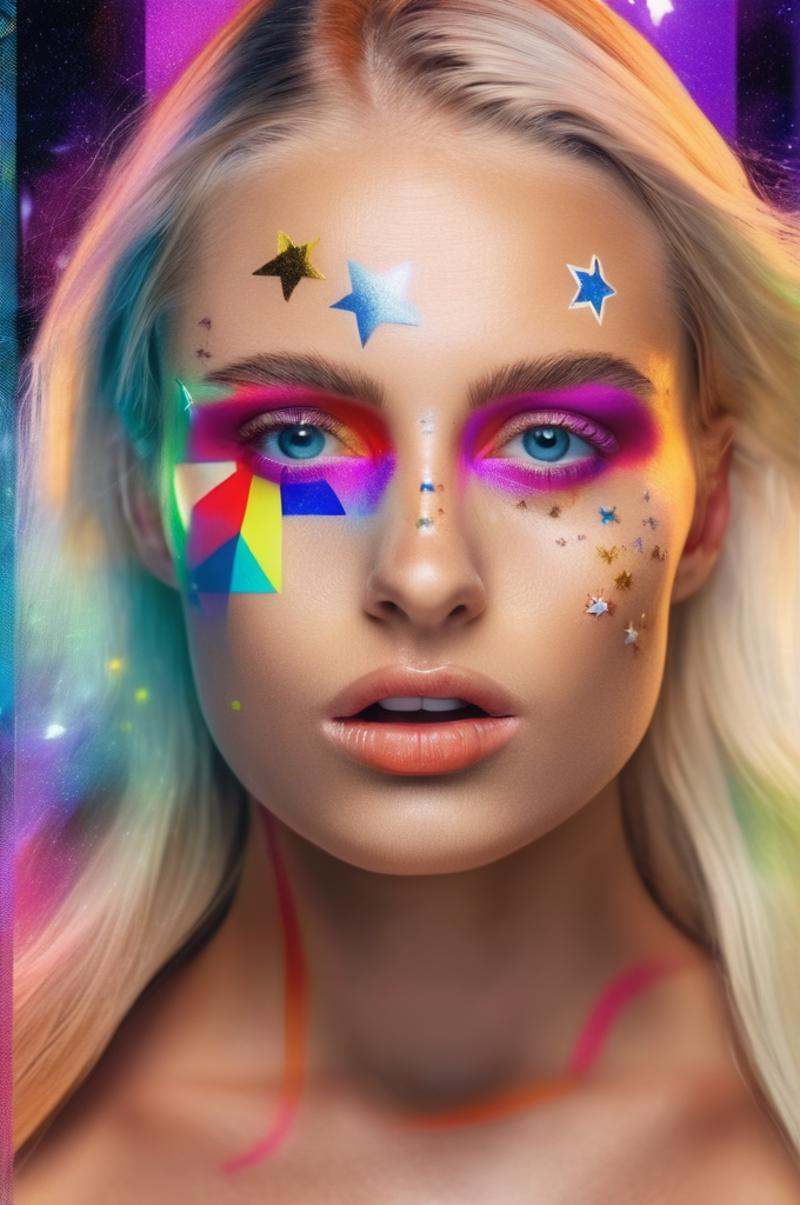 portrait photo of an 20 years old european blonde haired woman,  style \(artistic makeup with colorful lines and circles a...