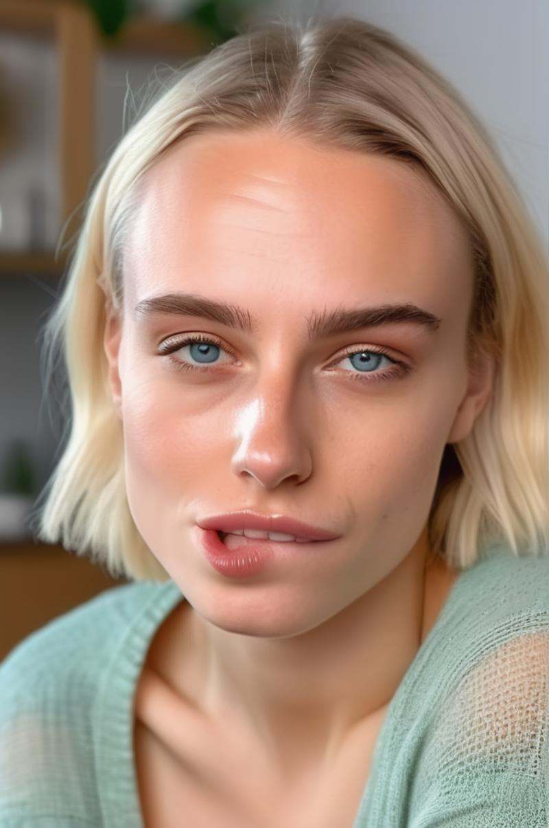 portrait photo of an 20 years old european blonde haired woman sitting in living room,  (biting her lips),  (winks with on...