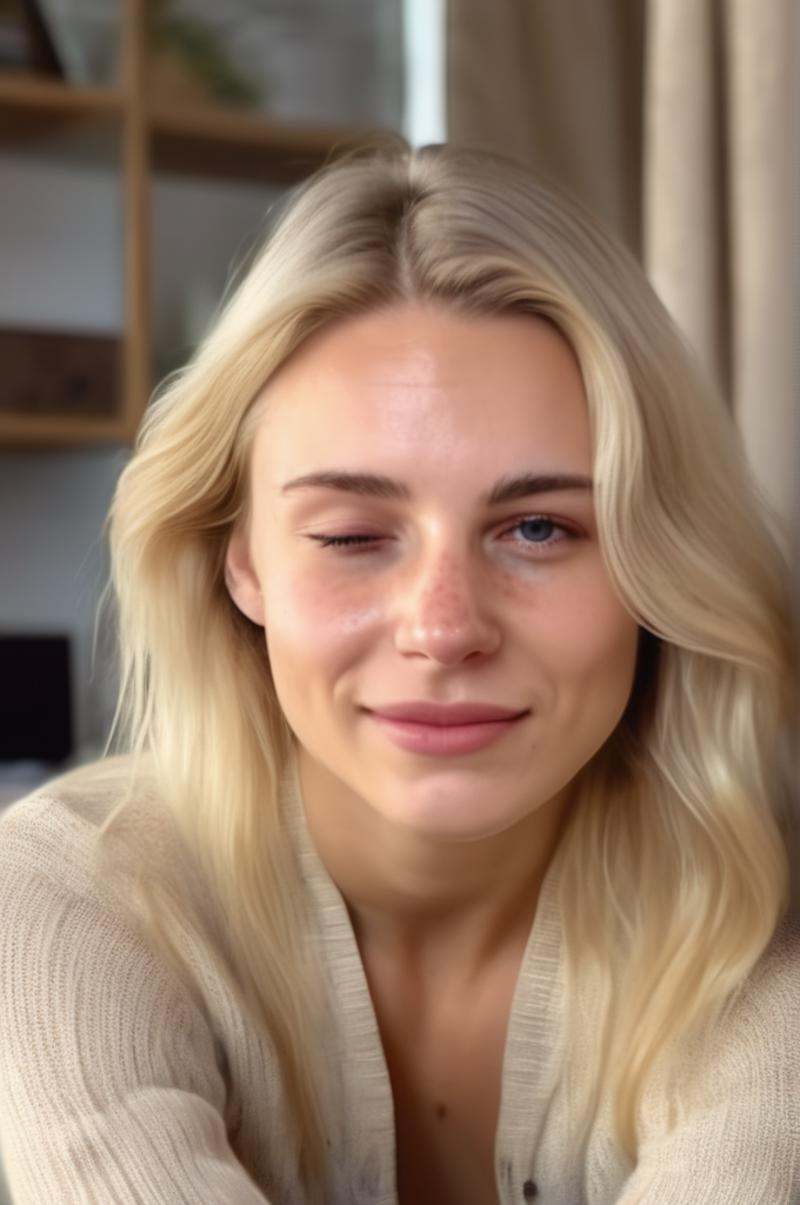 portrait photo of an 20 years old european blonde haired woman sitting in living room,  (winks with one eye at viewer),  8...