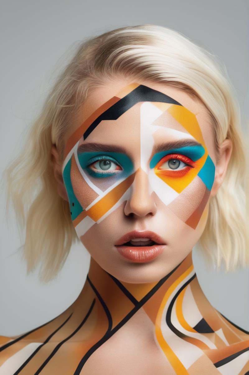 portrait photo of an 20 years old european blonde haired woman,  style \(artistic makeup with geometric lines and circles\...