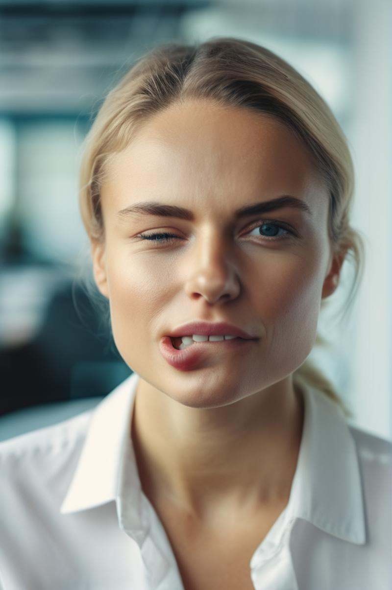 portrait photo of an 20 years old european blonde haired woman sitting in office,  \(biting her lips\),  \(winks with one...