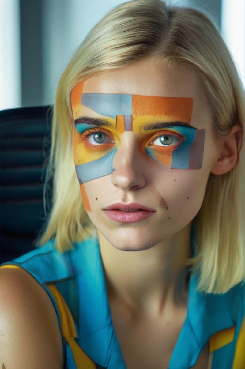 close up portrait photo of an 20 years old european blonde haired woman sitting in office,  style \(artistic makeup by pau...