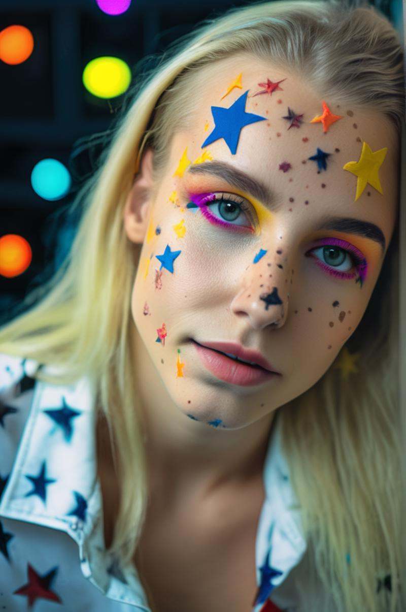 portrait photo of an 20 years old european blonde haired woman sitting in office,  style \(artistic makeup with colored st...