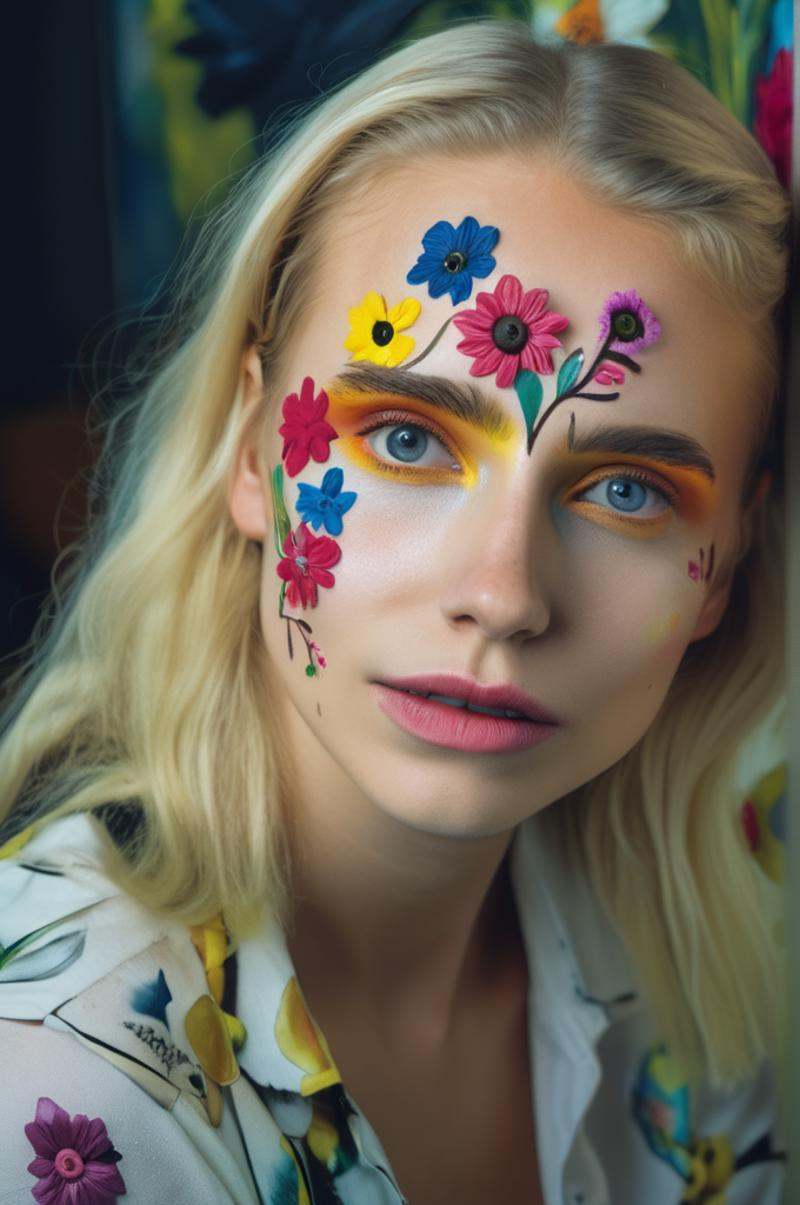 portrait photo of an 20 years old european blonde haired woman sitting in office,  style \(artistic makeup with painted fl...