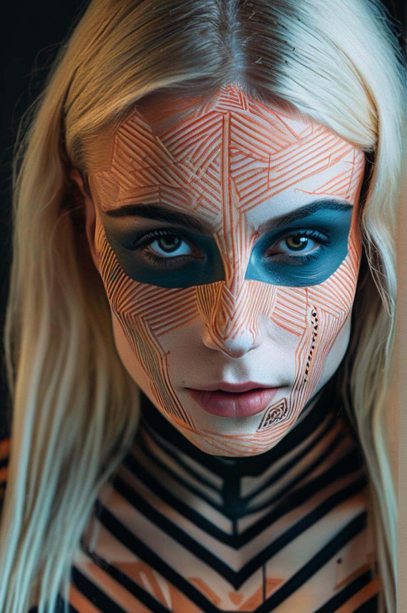 portrait photo of an 20 years old european blonde haired woman sitting in office,  style \(artistic makeup with geometric...