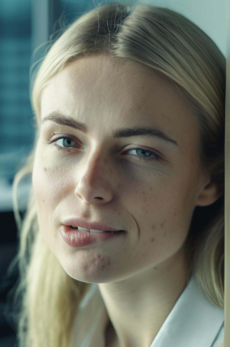 portrait photo of an 20 years old european blonde haired woman sitting in office,  \(biting her lips\),  \(winks with one...