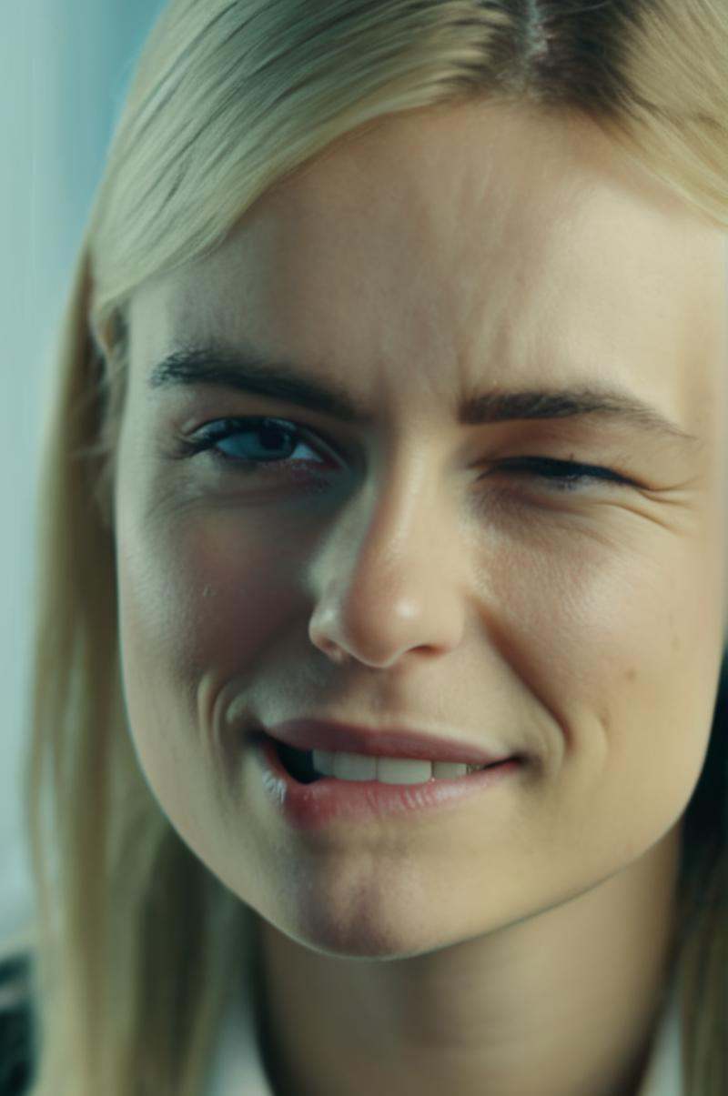 portrait photo of an 20 years old european blonde haired woman sitting in office,  \(biting her lips\),  \((winks with one...