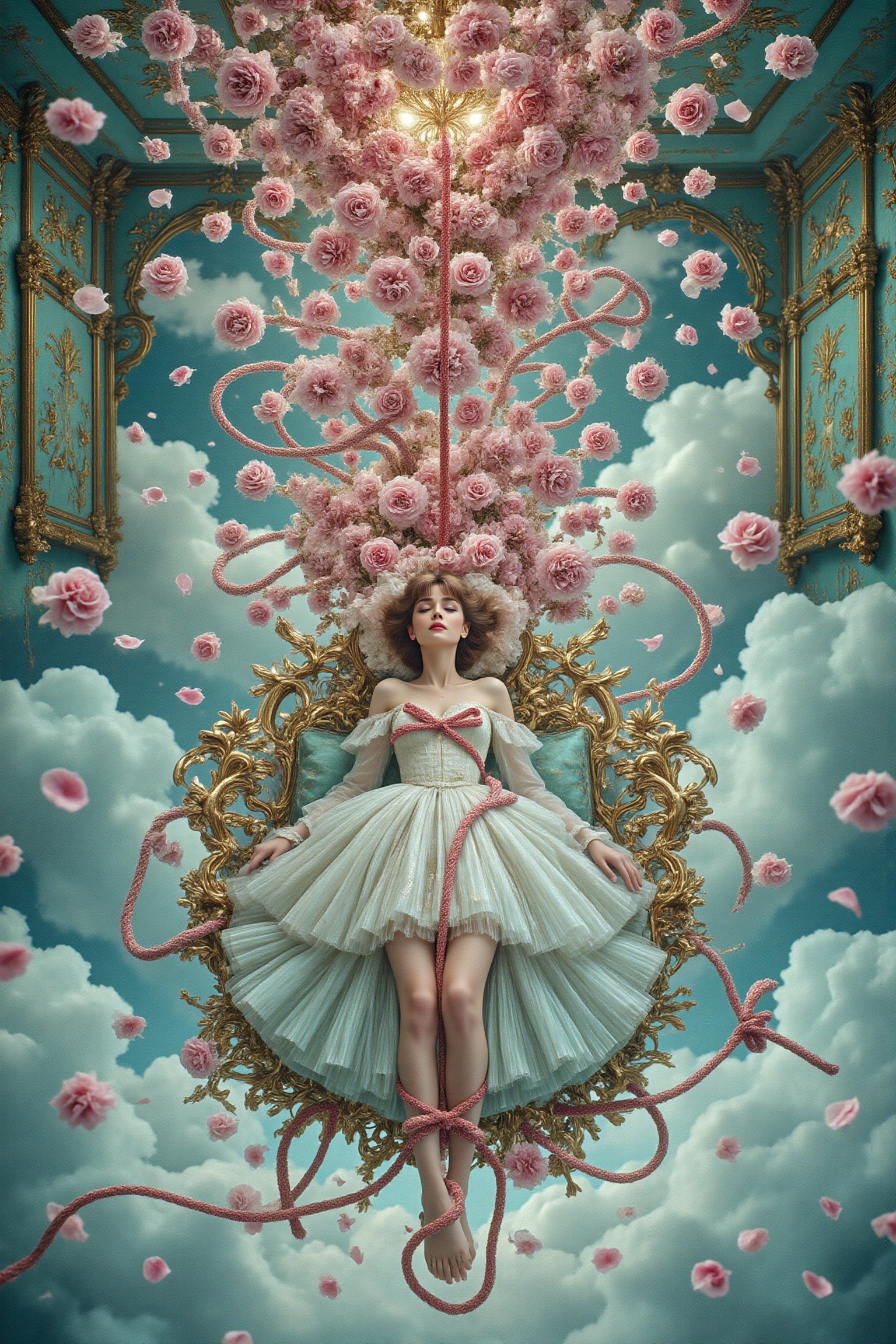 A dramatic movie poster shows a beautiful woman lying down in a gorgeous and spacious bedroom with her eyes closed. Her wh...