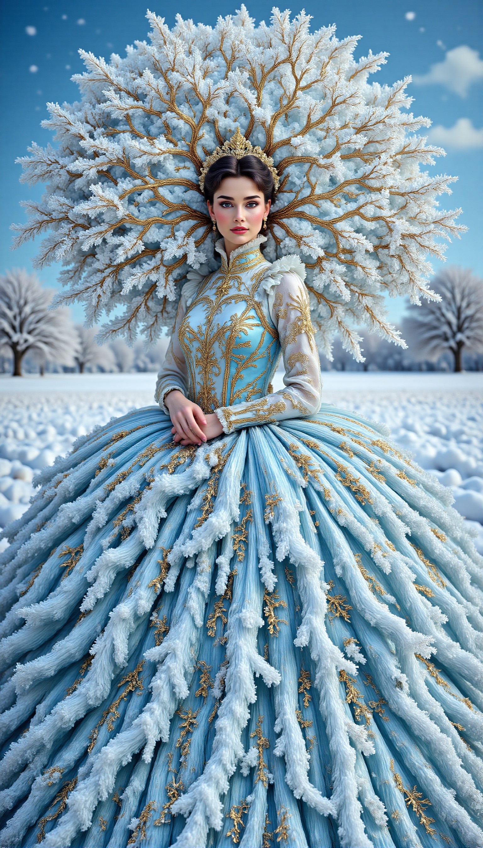 A handsome princess of snow with black hairs,  Standing gracefully in the snow. The background is a tree with very complic...