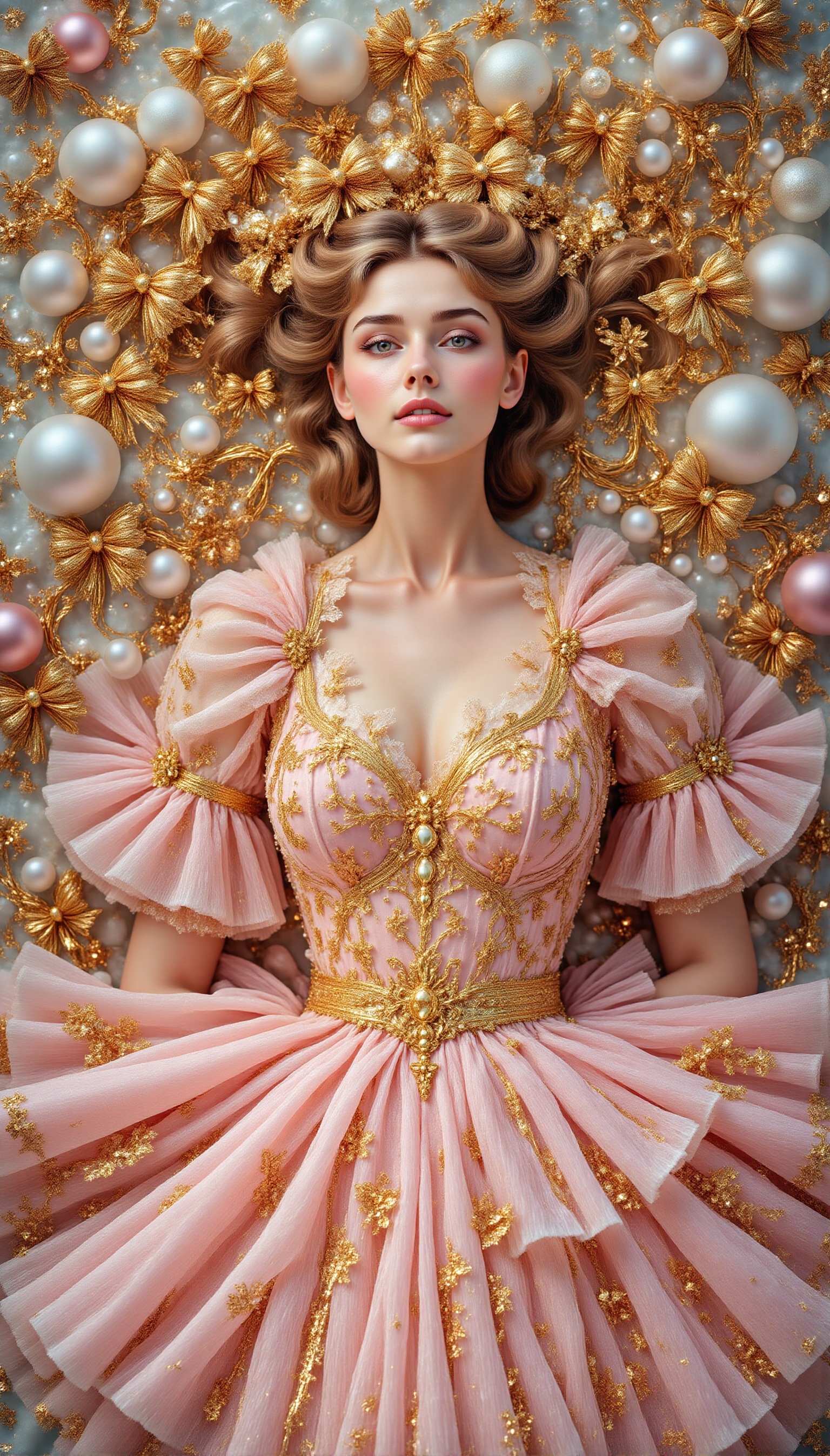 A beautiful woman lay with her long,  loose hair tangled in a large number of golden bows that sparkle like diamonds in th...