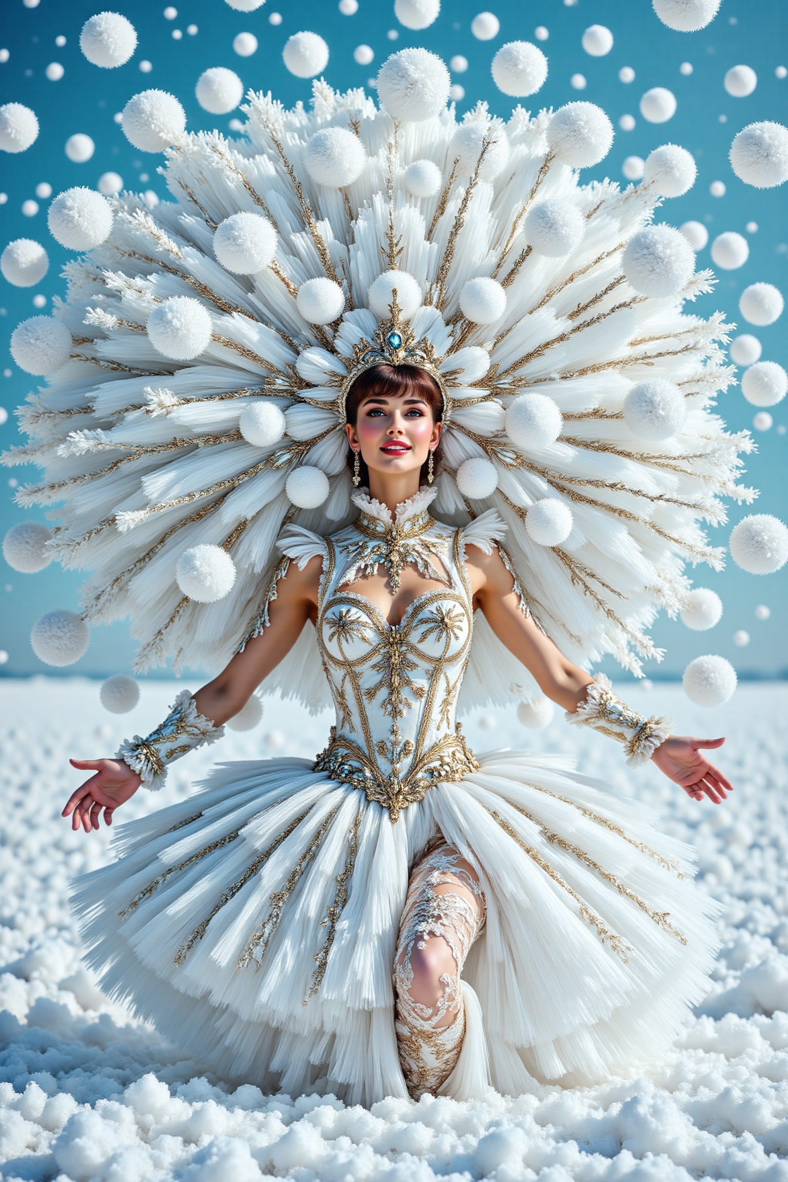 A majestic chiseled female physique emerges on a sunny day. The vibrant white and silver hues of her snowballs-inspired co...