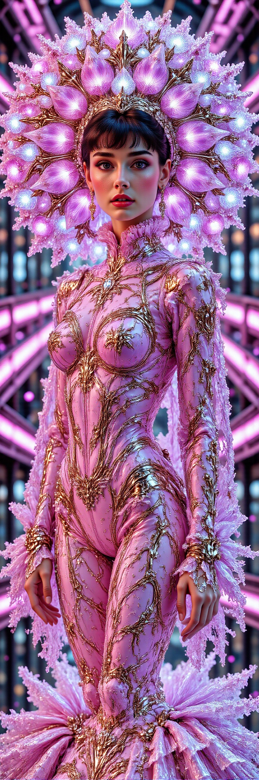 A futuristic rendition of handsome young female in a neon-lit dystopian cityscape. Her outfit is a shimmering combination...