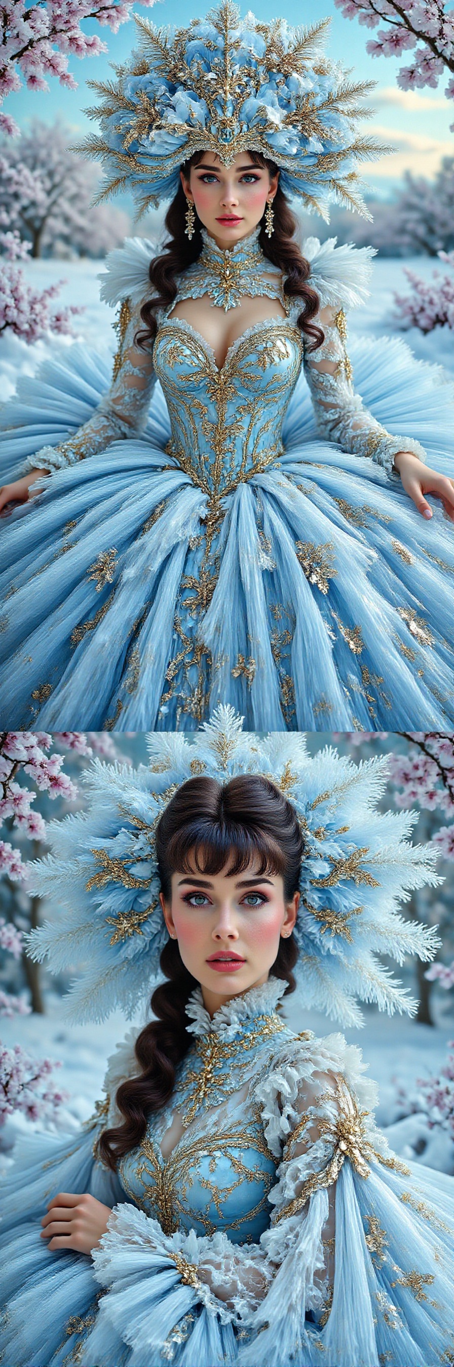 A majestic chiseled female physique emerges on a sunny day. The vibrant light blue and silver hues of her snowball-inspire...