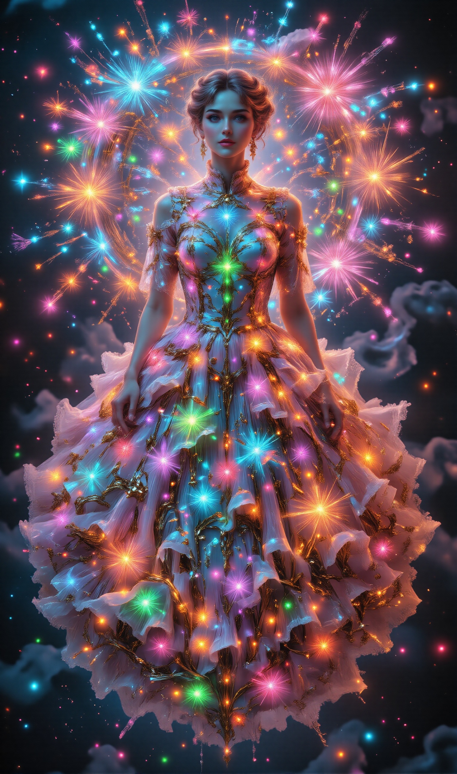 A beautiful woman as elegant as a model,  wearing a fashion dress inspired by fireworks. The dress contains neon lights ar...
