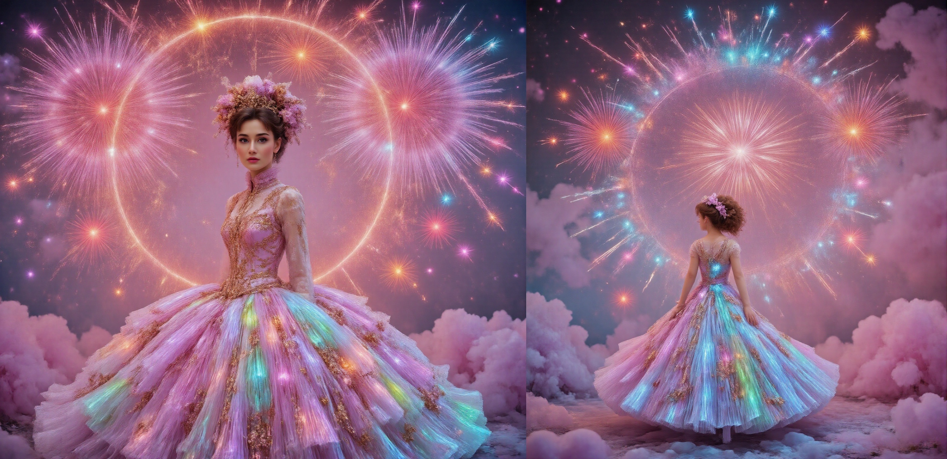 A beautiful woman as elegant as a model,  wearing a fashion dress inspired by fireworks. The dress contains neon lights ar...