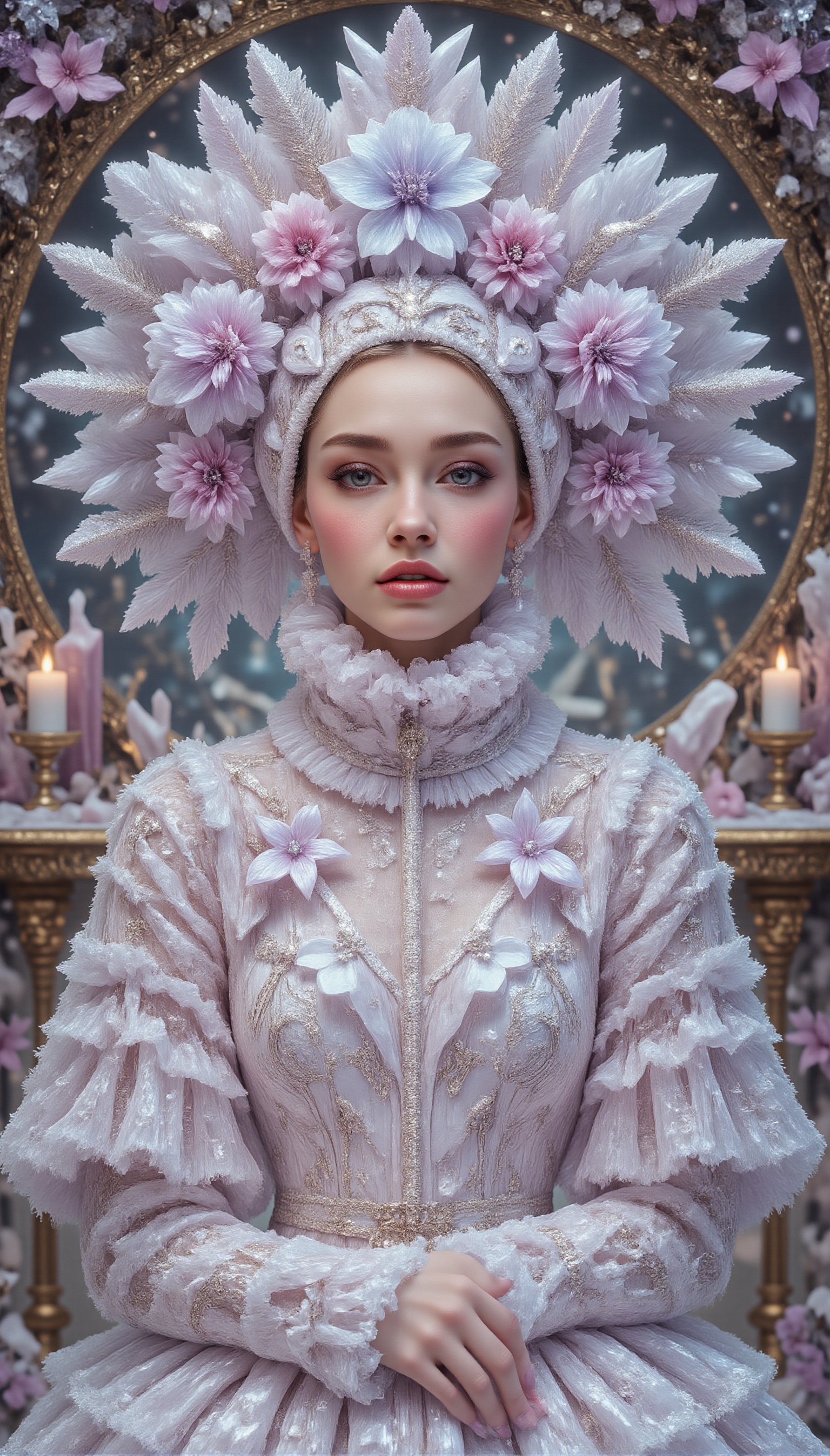 A beautiful woman is wearing a white knitted dress,  including headdress and accessories,  all made of snowflake-shaped th...