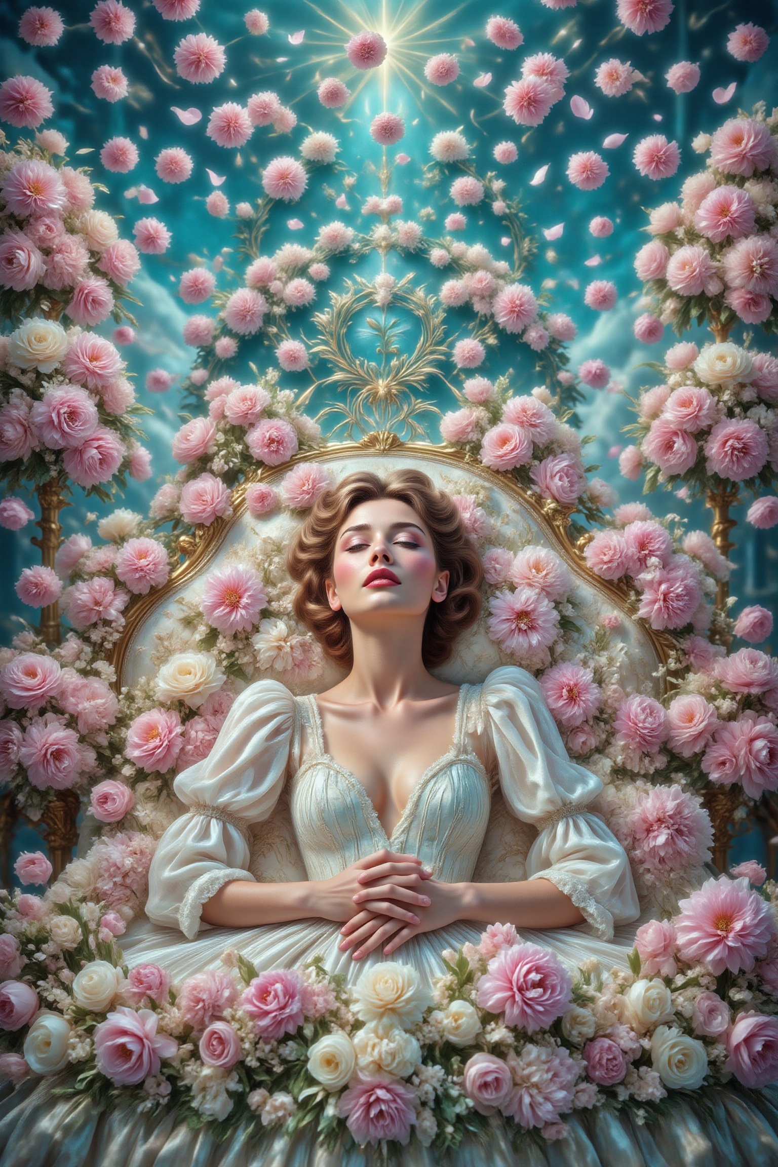 A dramatic movie poster shows a beautiful woman lying on a gorgeous and spacious bedroom with her eyes closed. Her whole b...