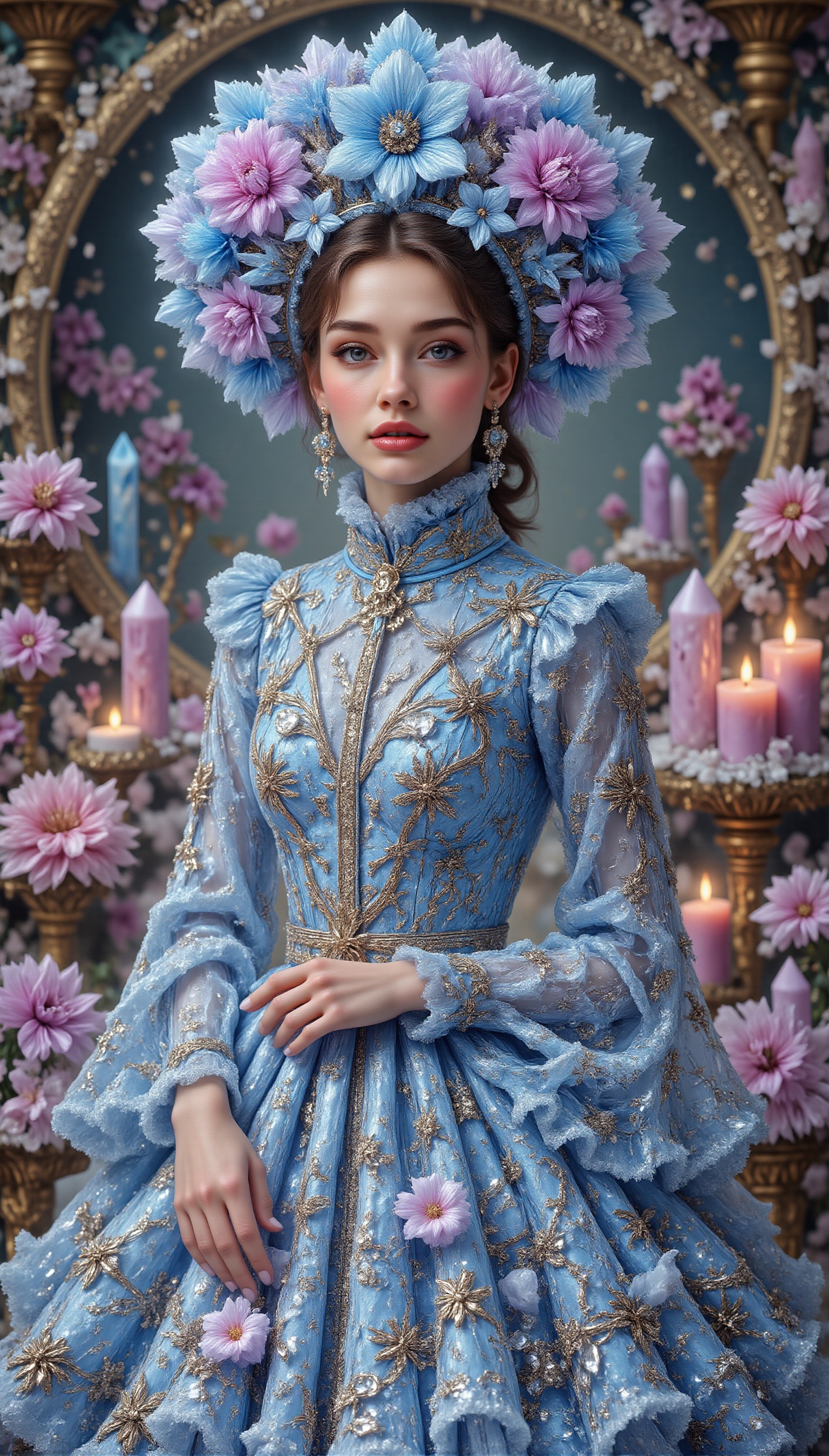 A beautiful woman is wearing a sky blue knitted dress,  including headdress and accessories,  all made of snowflake-shaped...
