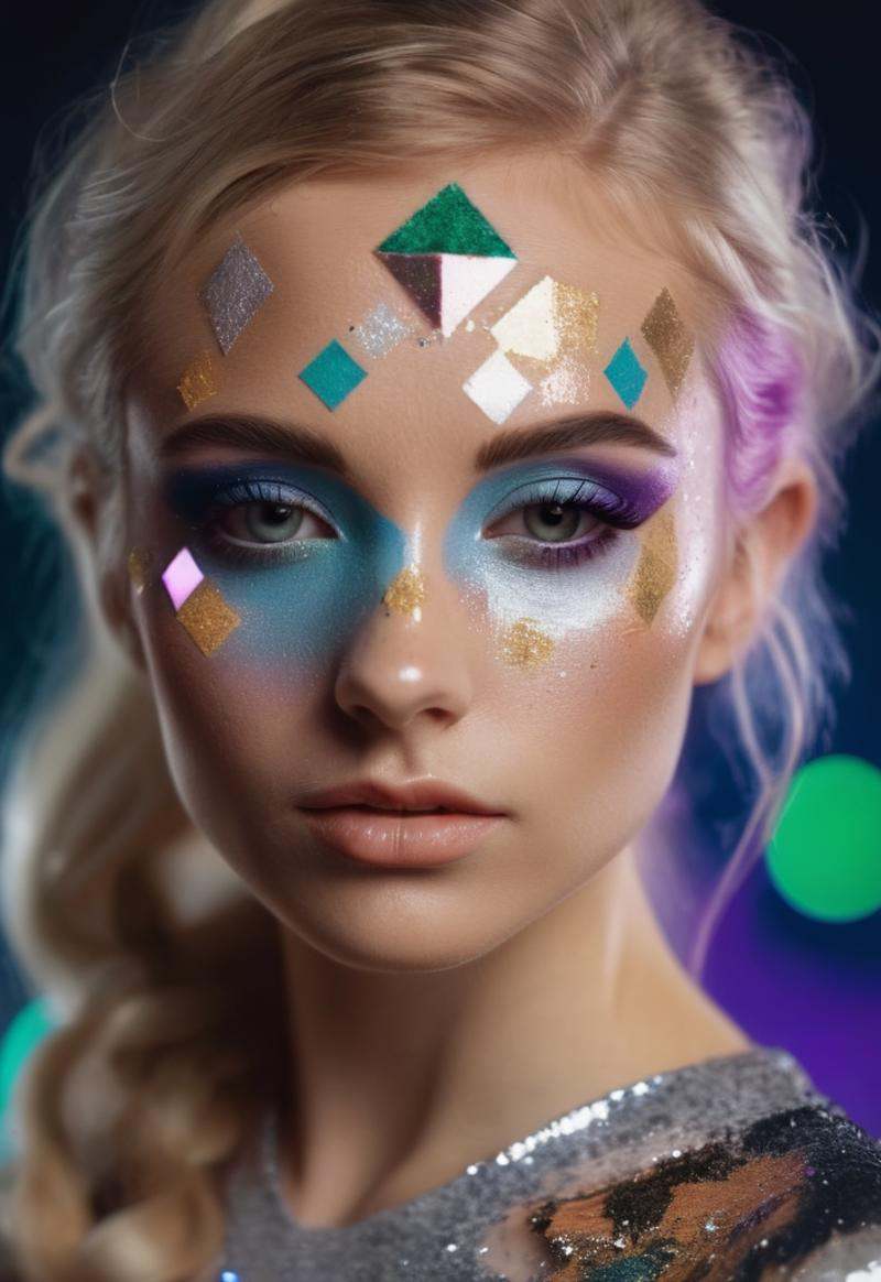 portrait photo of an 20 years old european blonde haired woman,  (face makeup with colored geometric shapes and glitter),...