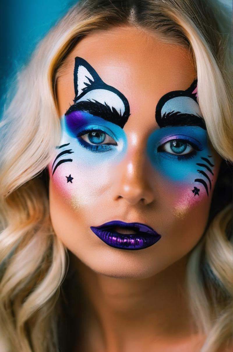 close up portrait photo of an 20 years old european blonde haired woman,  enjoying live,  style \(artistic face makeup wit...
