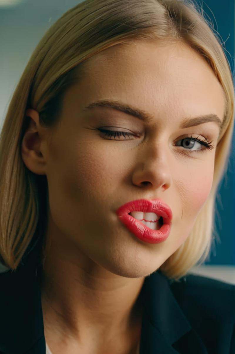 close up portrait photo of an 20 years old european blonde haired woman sitting in office,  enjoying live,  (biting her li...