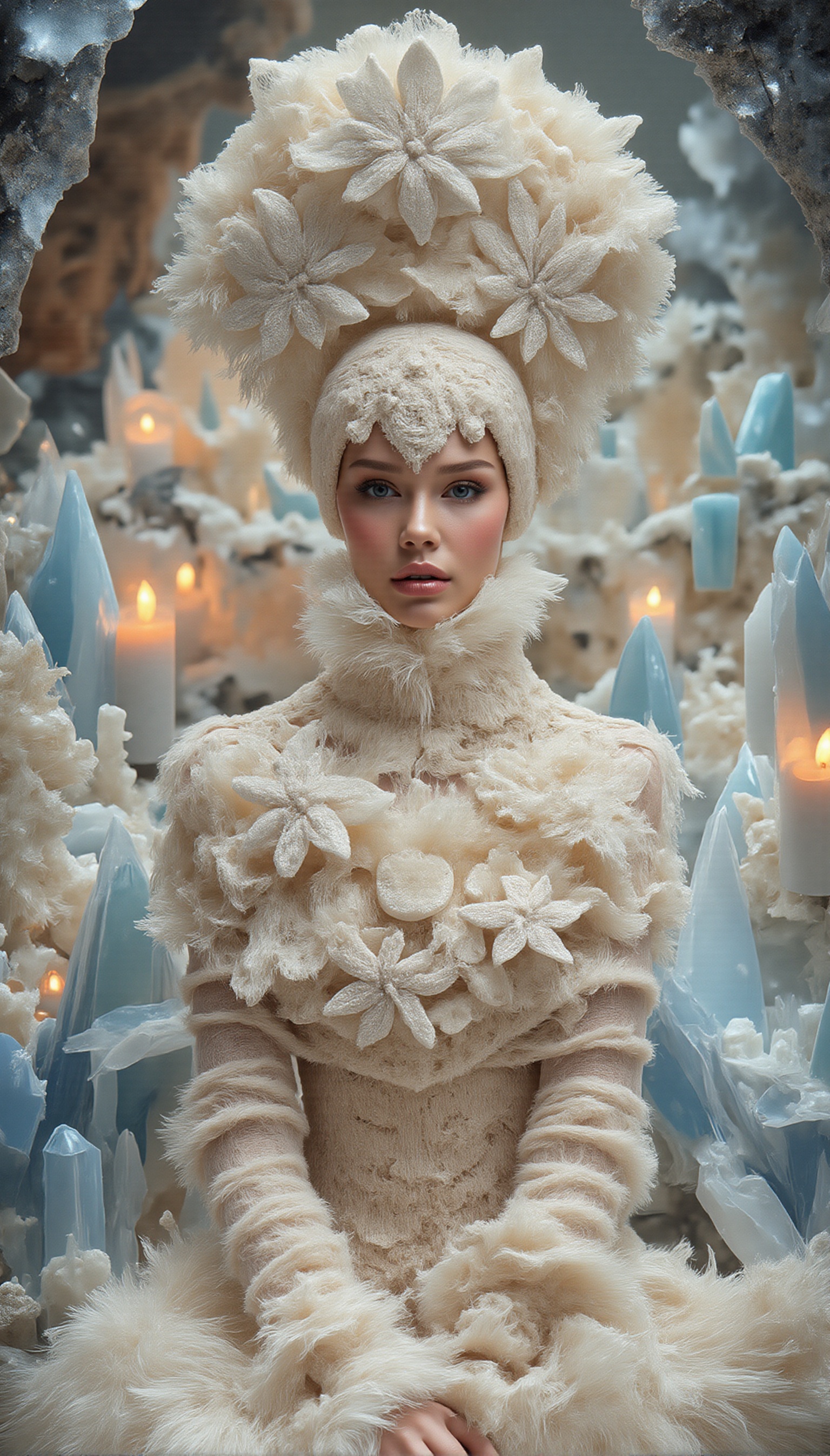 A beautiful woman is wearing a white knitted dress,  including headdress and accessories,  all made of snowflake-shaped th...