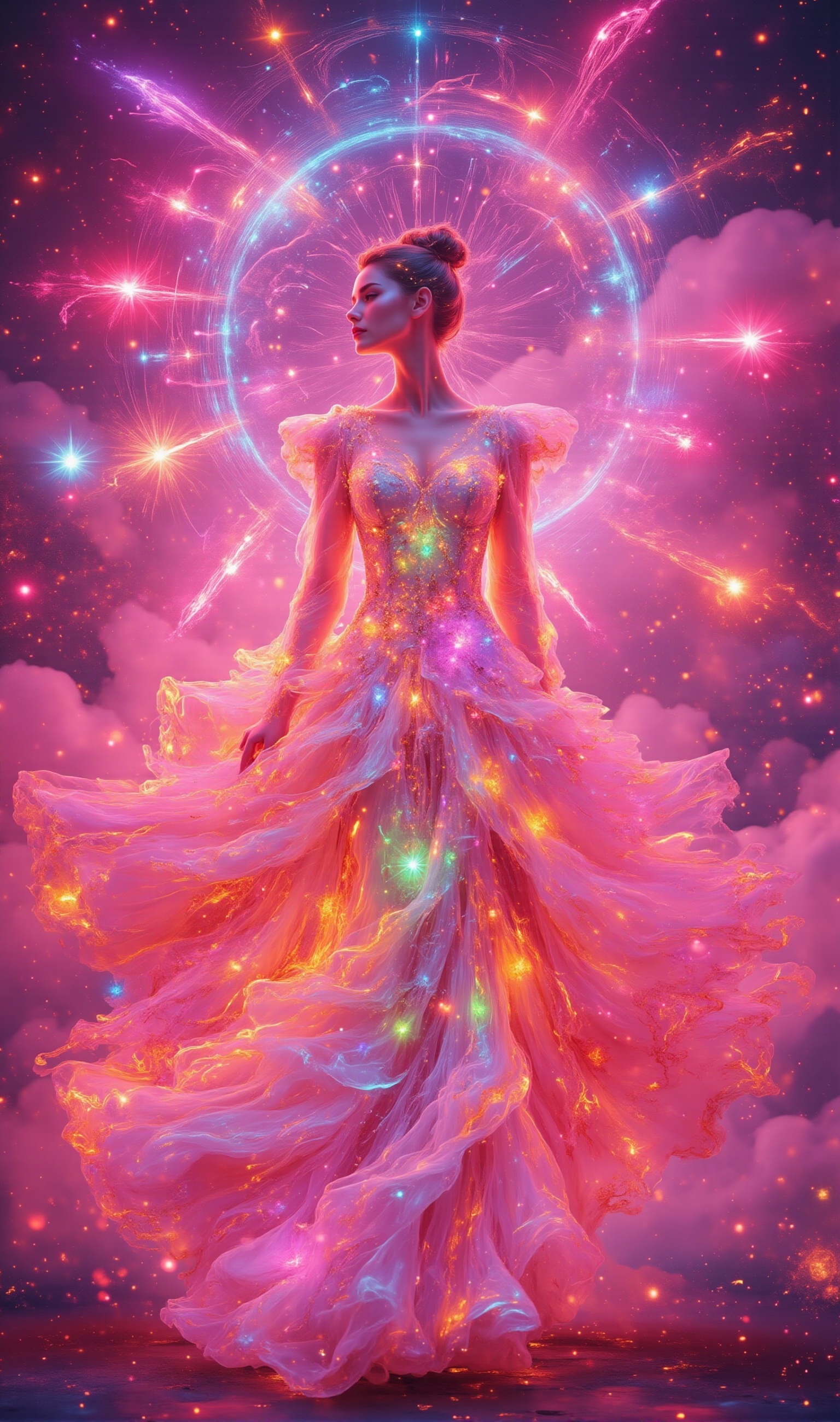 A beautiful woman as elegant as a model,  wearing a fashion dress inspired by fireworks. The dress contains neon lights ar...