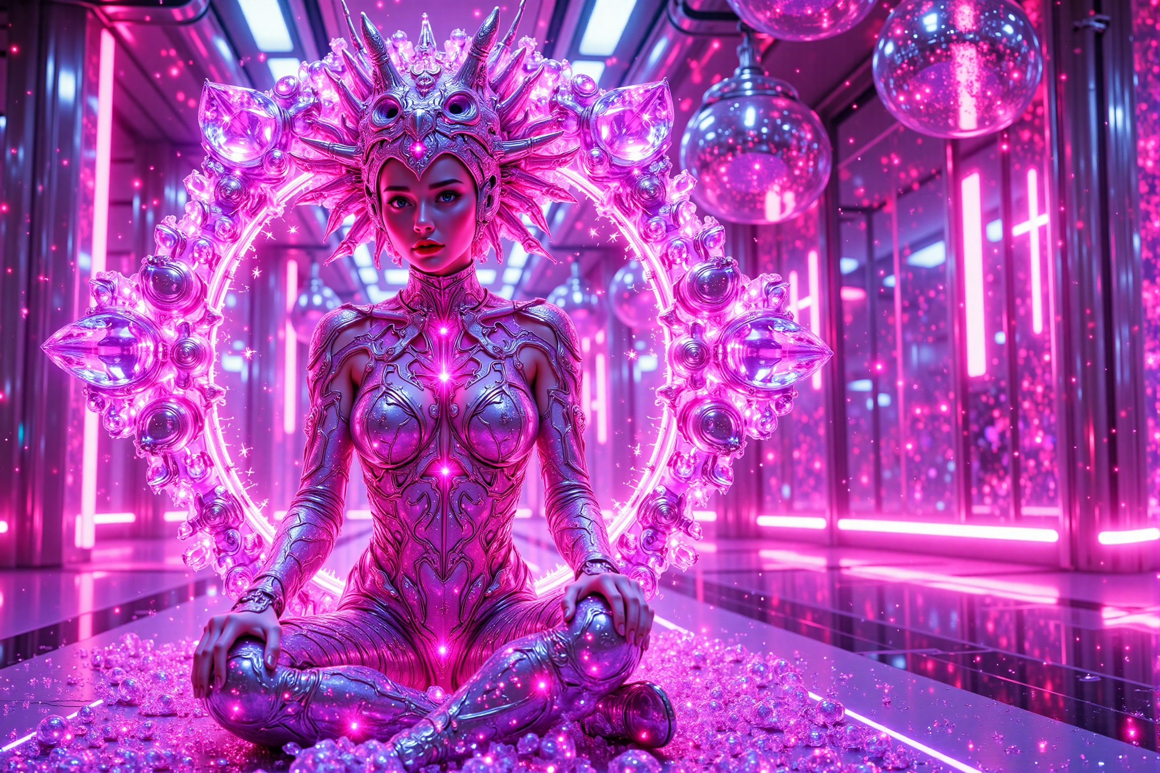 A futuristic rendition of handsome young female in a neon-lit dystopian cityscape. Her outfit is a shimmering combination...
