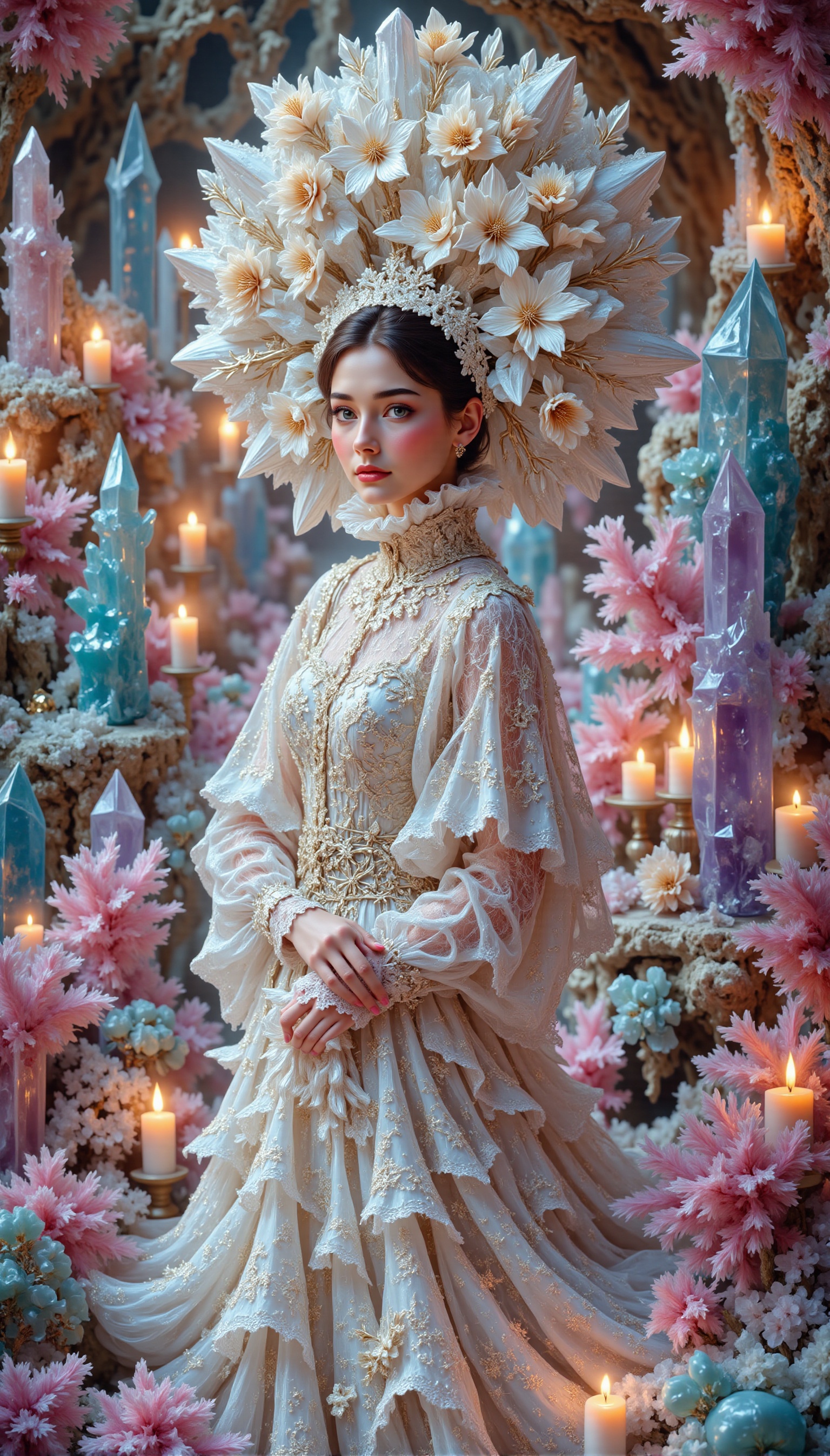 A beautiful woman is wearing a white knitted dress,  including headdress and accessories,  all made of snowflake-shaped th...