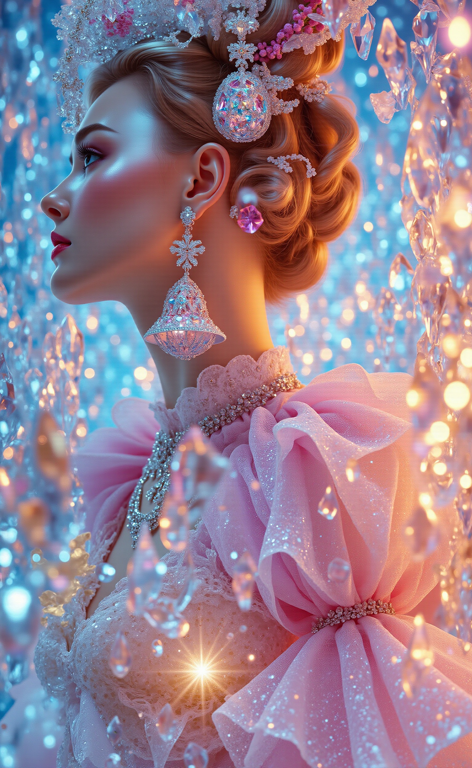 A print advertisement for Swarovski crystal earrings close-up shot by a noble lady. This crystal earring is a bell-shaped...