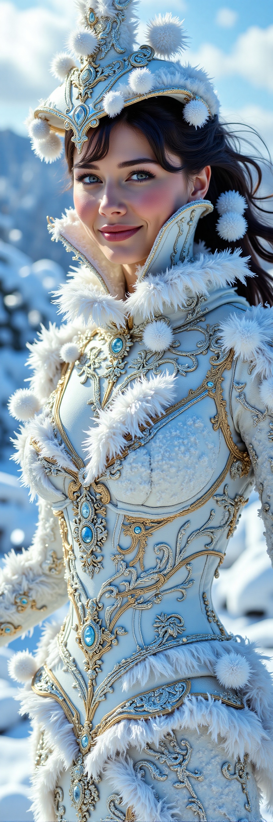 A majestic chiseled female physique emerges on a sunny day. The vibrant white and silver hues of her snowballs-inspired co...
