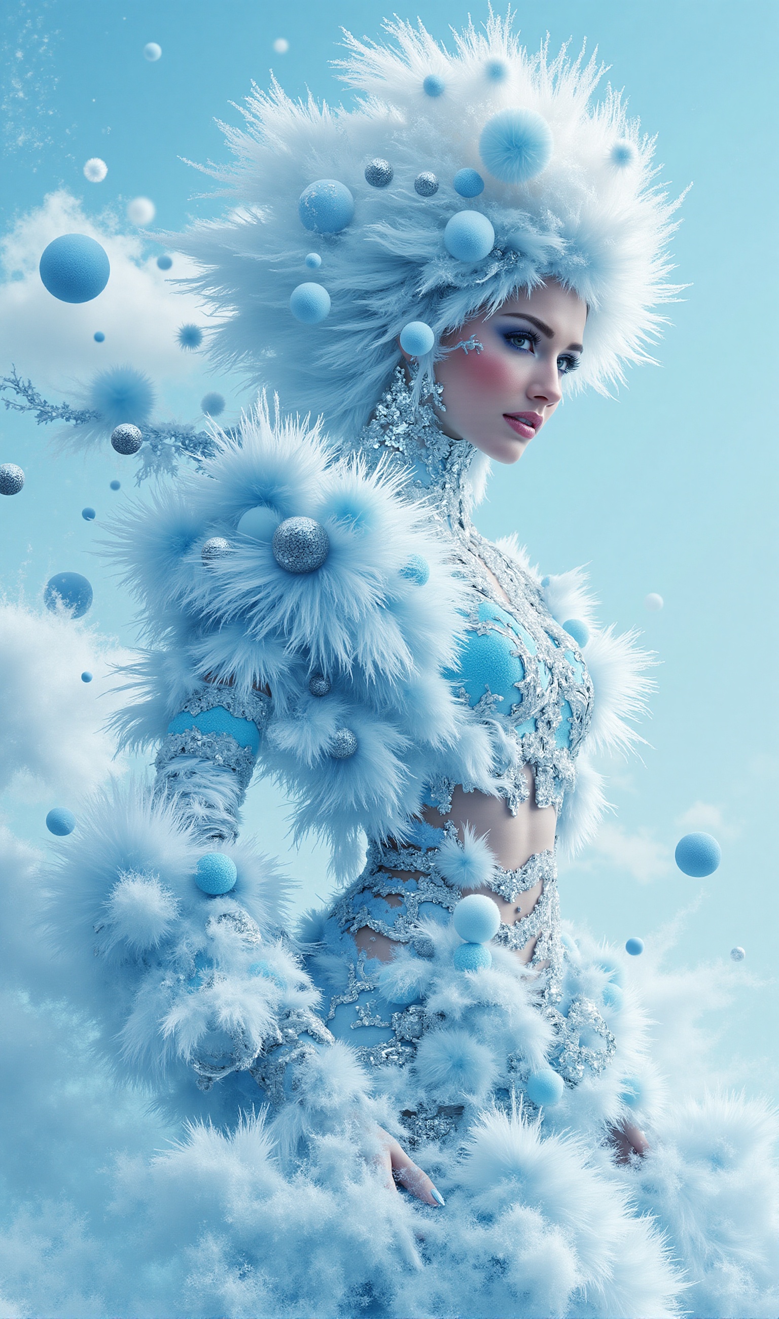 A majestic chiseled female physique emerges on a sunny day. The vibrant light blue and silver hues of her snowballs-inspir...