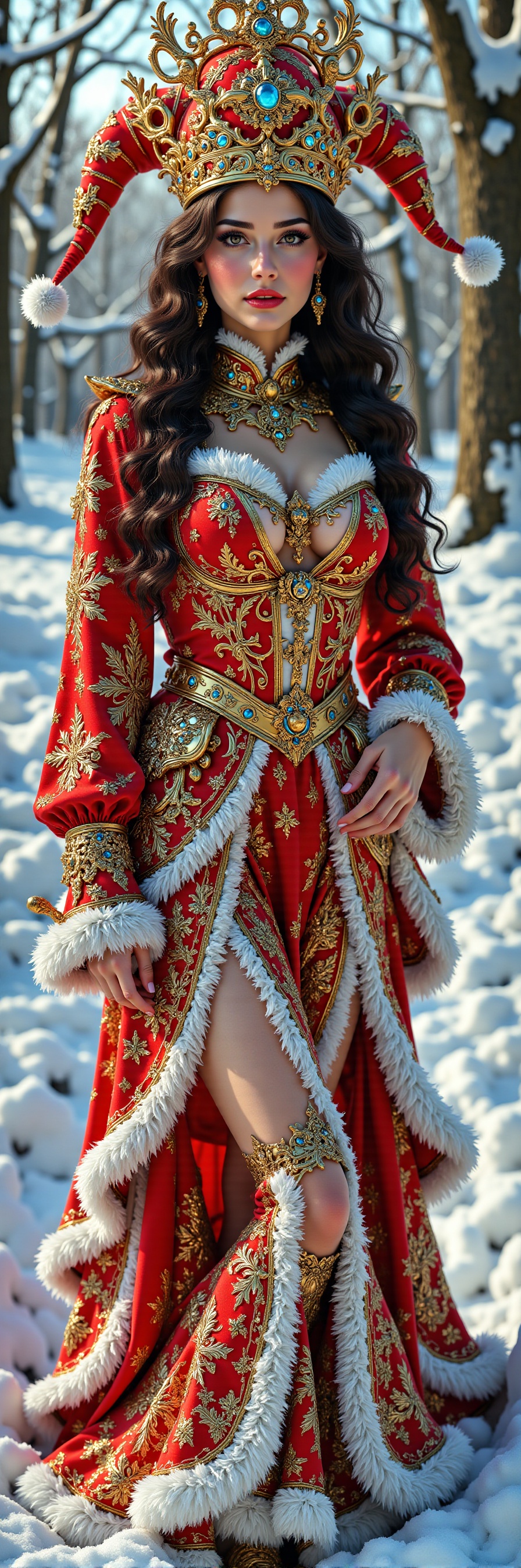 A majestic chiseled female physique emerges on a sunny day. The vibrant red and gold hues of her Santa-inspired costume po...