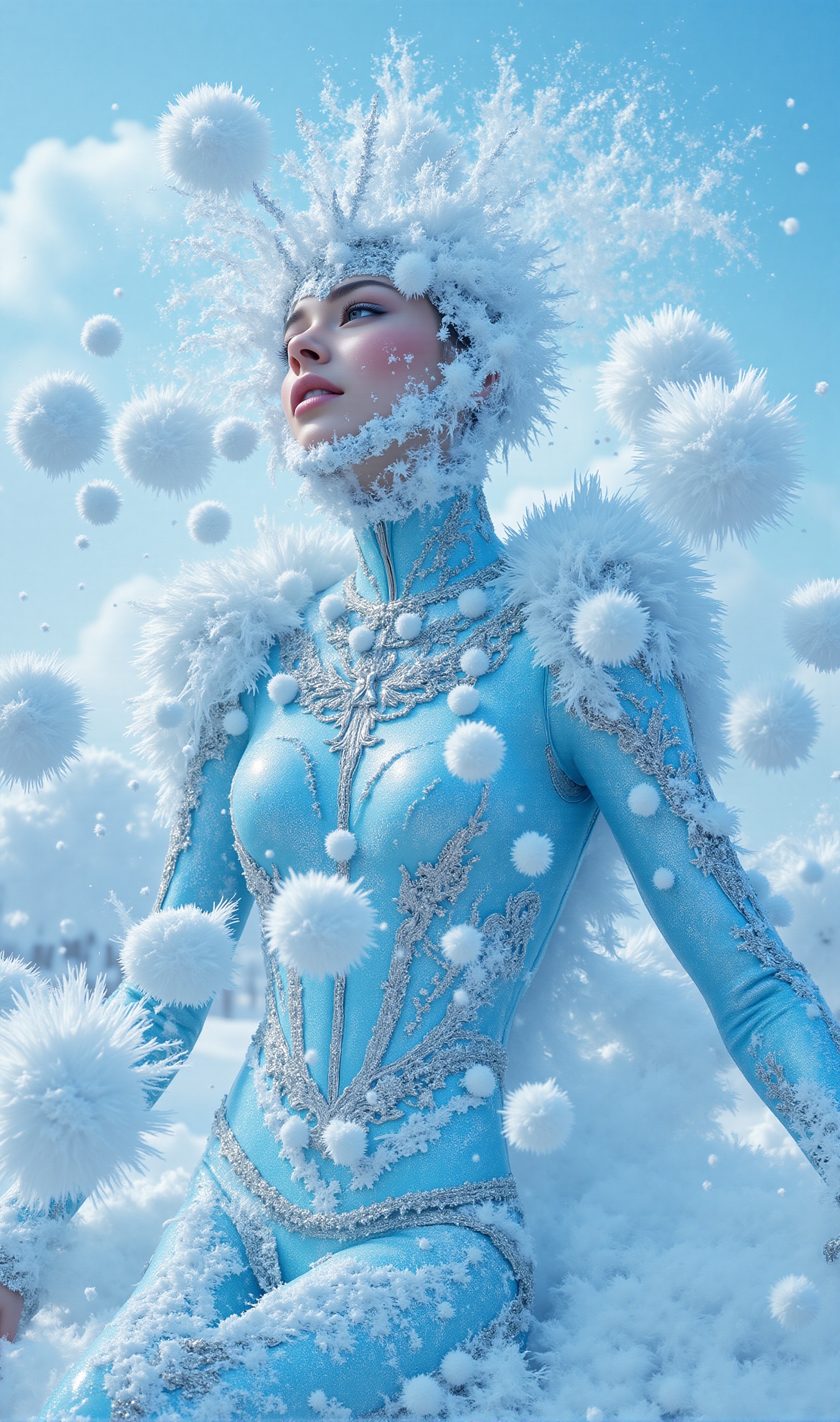 A majestic chiseled female physique emerges on a sunny day. The vibrant light blue and silver hues of her snowballs-inspir...