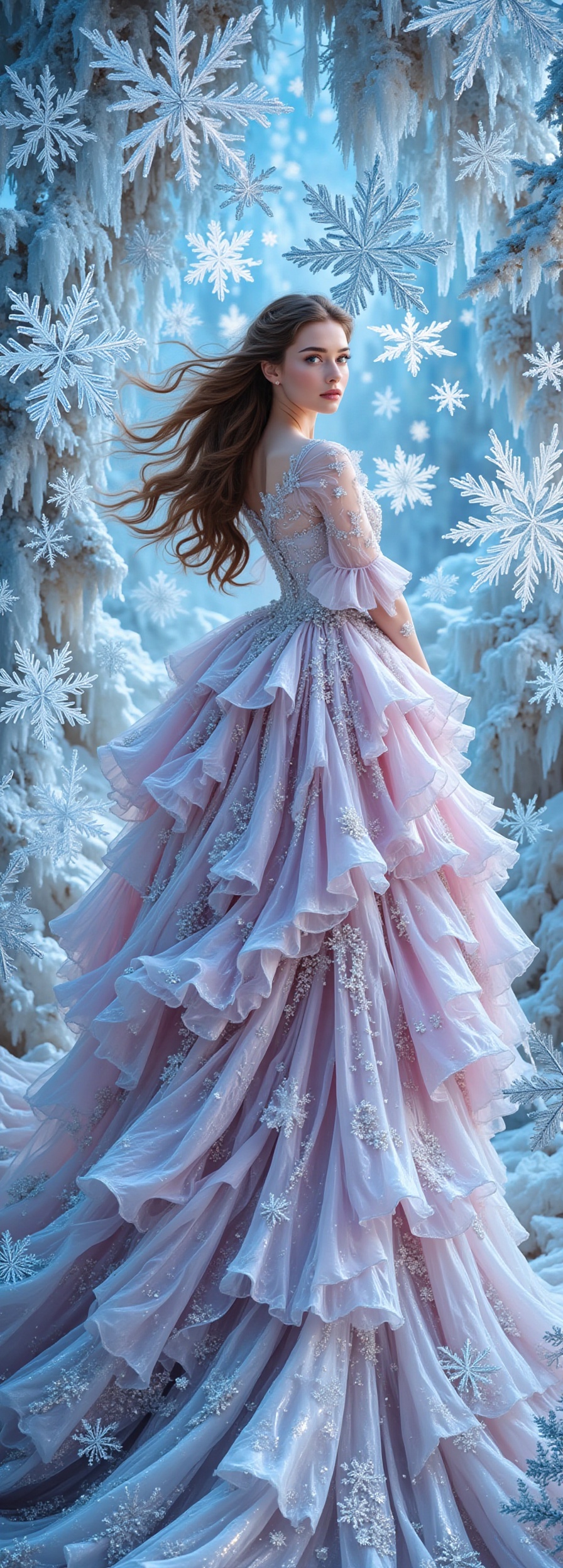 A beautiful woman with her iconic long hair flowing gently,  stands amidst a whimsical winter wonderland. She wears a stun...