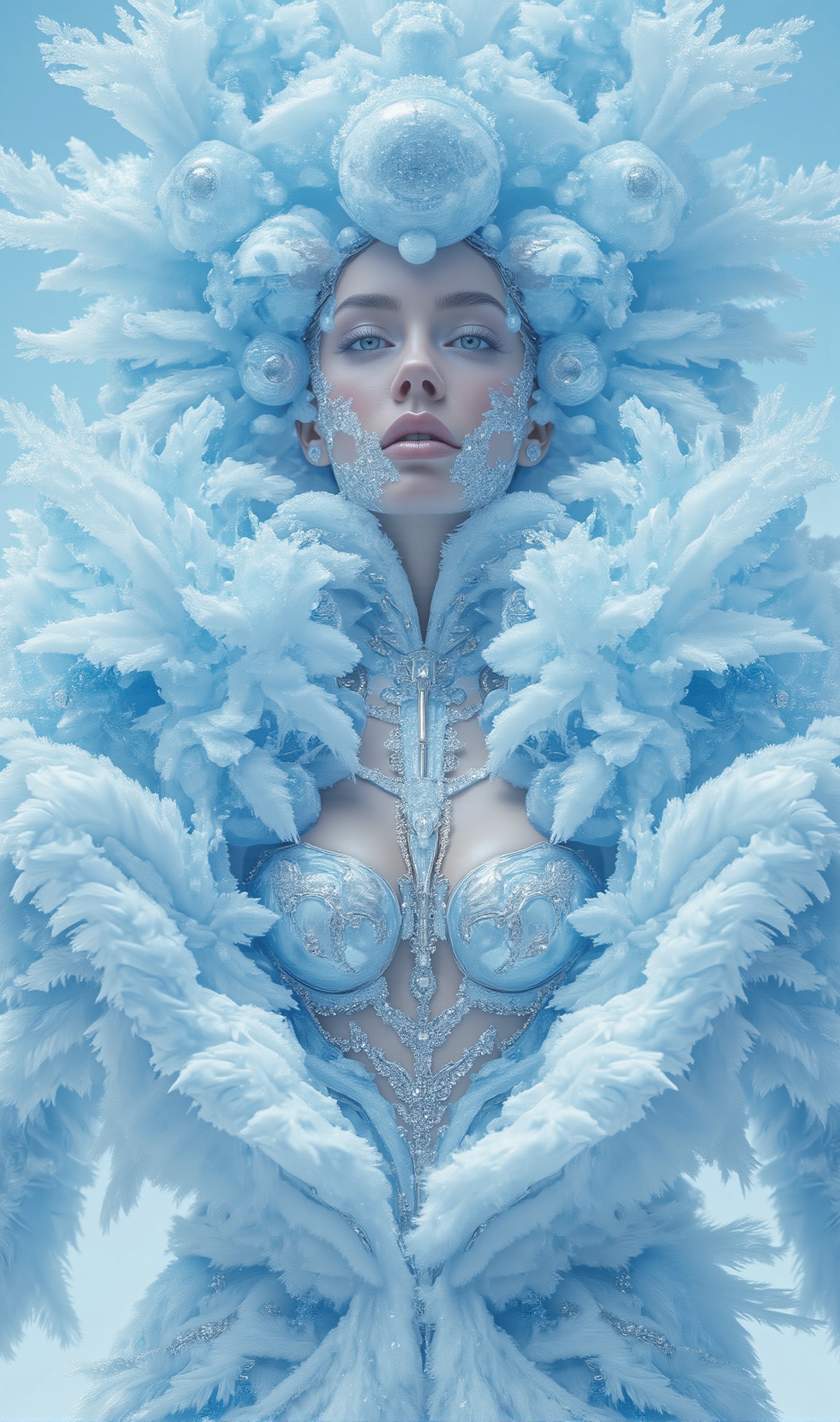 A majestic chiseled female physique emerges on a sunny day. The vibrant light blue and silver hues of her snowballs-inspir...