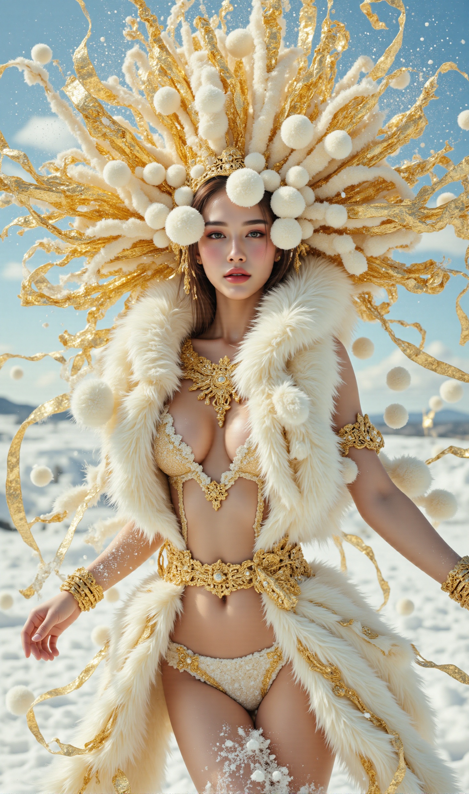 A majestic chiseled female physique emerges on a sunny day. The vibrant white and golden hues of her snowballs-inspired co...