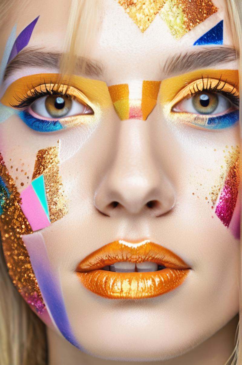 portrait photo of an 20 years old european blonde haired woman,  style \(artistic makeup with colored geometric shapes and...