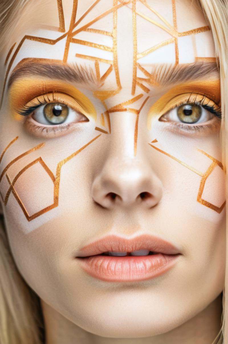 portrait photo of an 20 years old european blonde haired woman,  style \(artistic makeup with geometric lines and circles\...