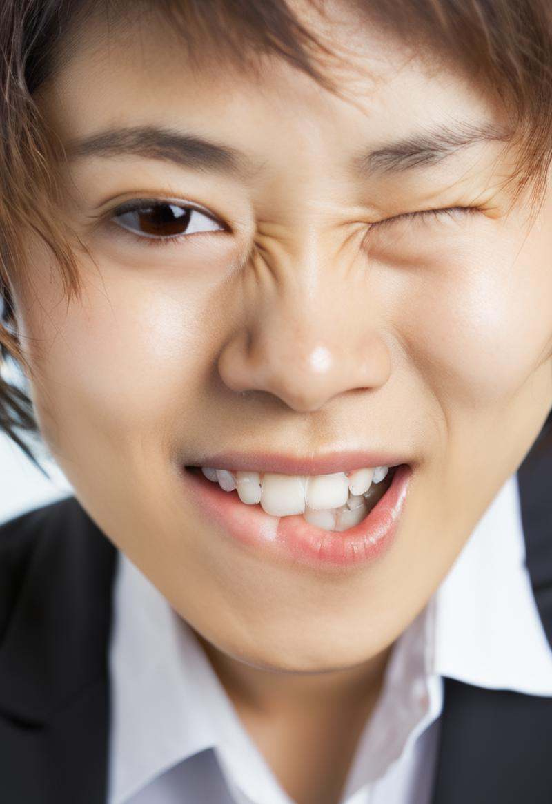 closeup portrait photo of a 20yo messy haired young asian woman and ,  (wears an office suite). on Tensor.Art