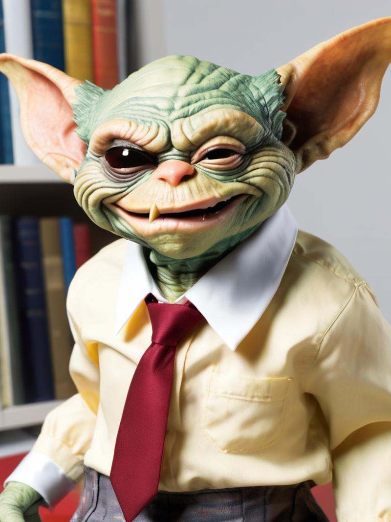 a Gremlin in a (shirt and collar and tie),  ,  (background books) on Tensor.Art