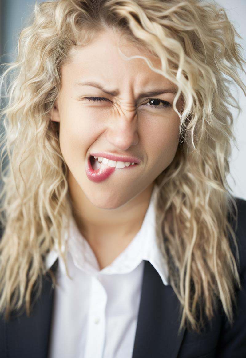 portrait photo of a 20yo messy blond haired woman and ,  (wearsan office suite). on Tensor.Art