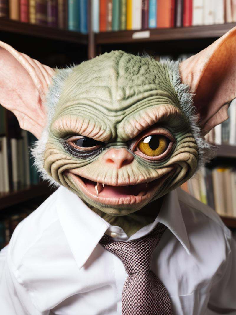 a Gremlin in a (shirt and collar and tie),  ,  (background books) on Tensor.Art