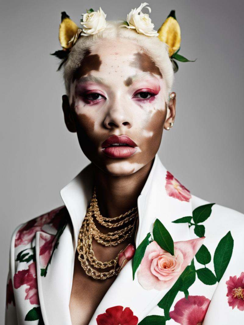 Vivienne Westwood fashion editorial style of a white unicorn with vitiligo ,  pale skin,  floral organic dreamy on Tensor.Art