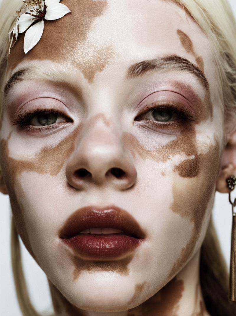 Vivienne Westwood fashion editorial style of a white elf with vitiligo ,  pale skin,  floral organic dreamy on Tensor.Art