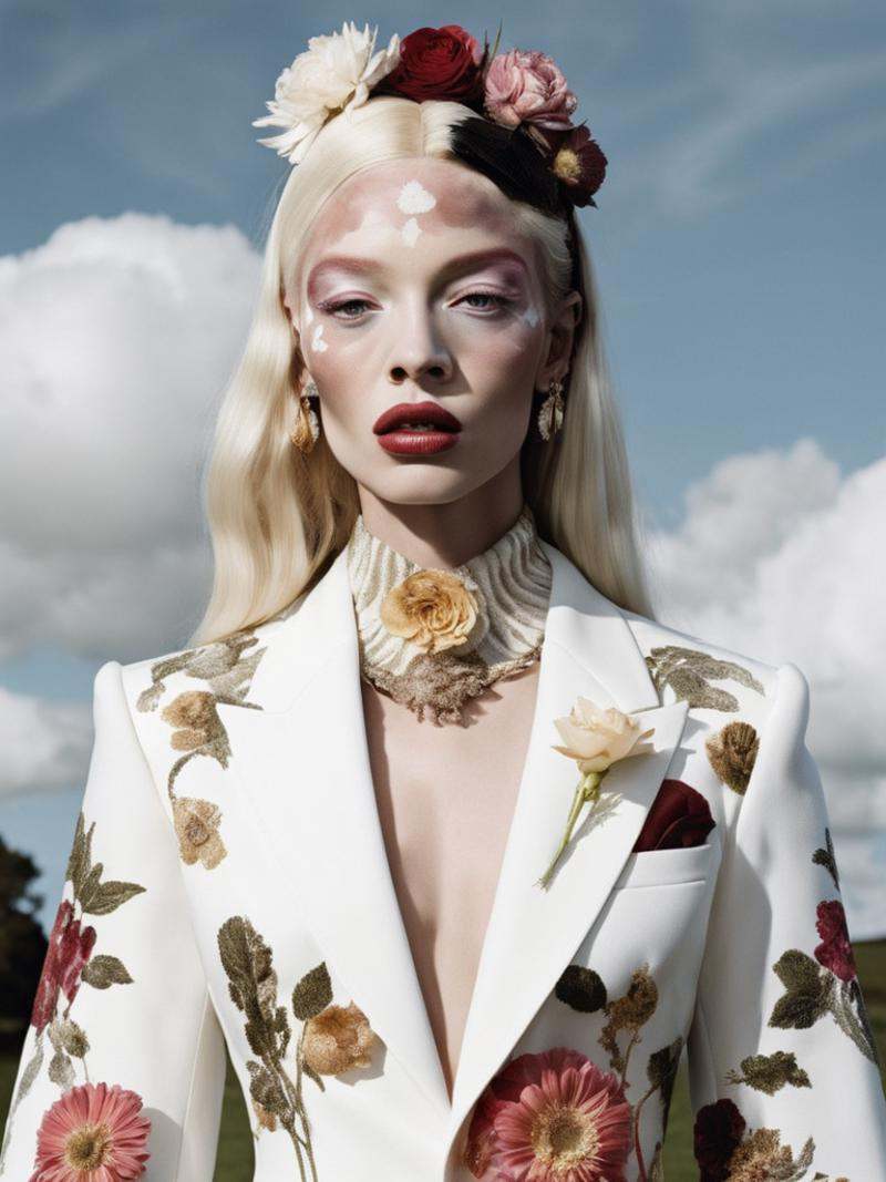 Vivienne Westwood fashion editorial style of a white unicorn with vitiligo ,  pale skin,  floral organic dreamy on Tensor.Art