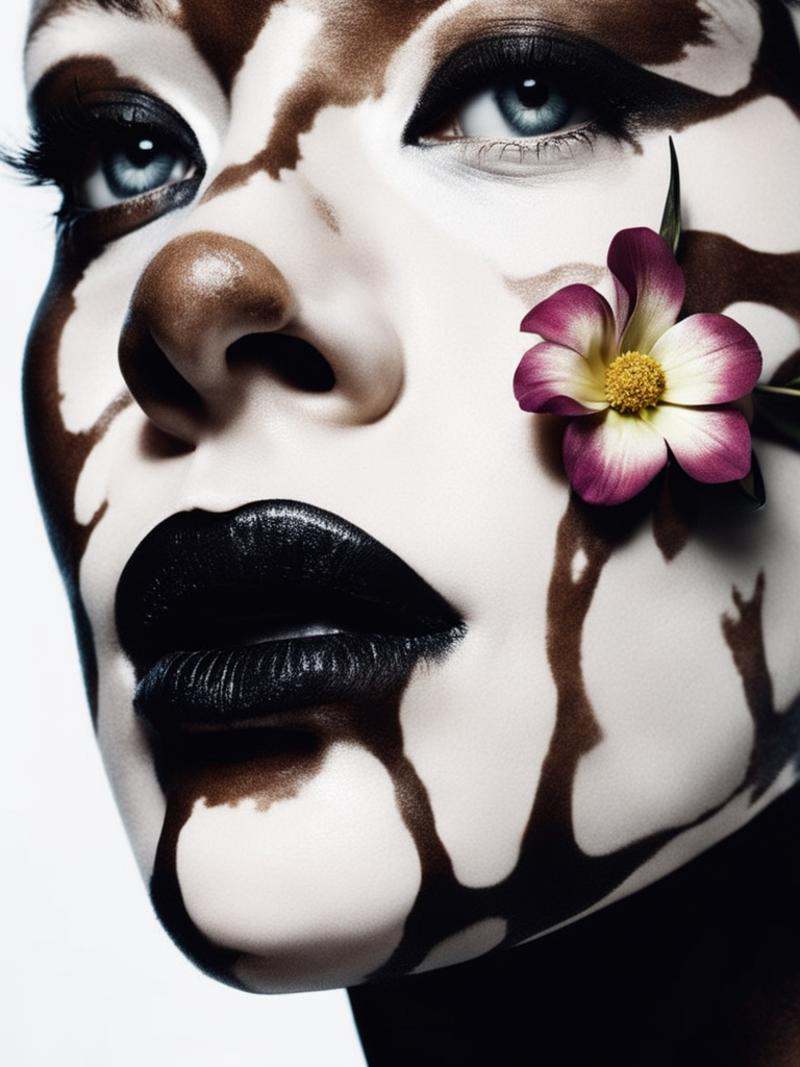 harper's bazaar fashion editorial style of a white pale vitiligo woman,  floral organic,  mechanical on Tensor.Art
