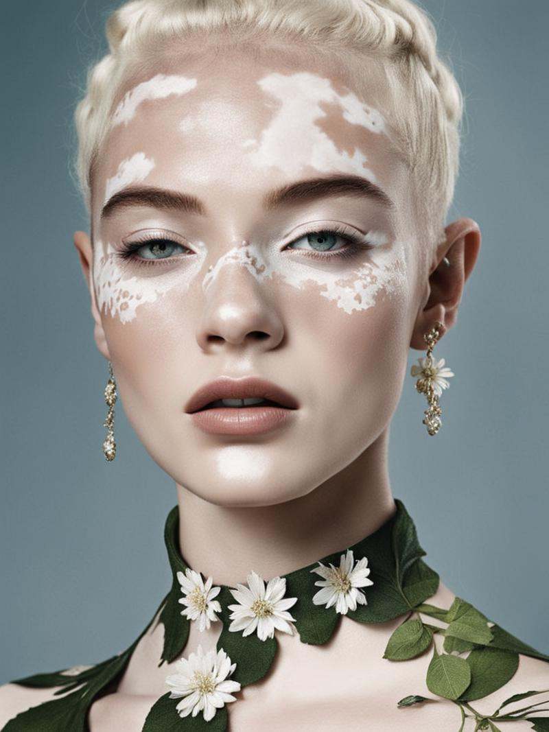 harper's bazaar fashion editorial style of a white elf with vitiligo ,  pale skin,  floral organic dreamy on Tensor.Art