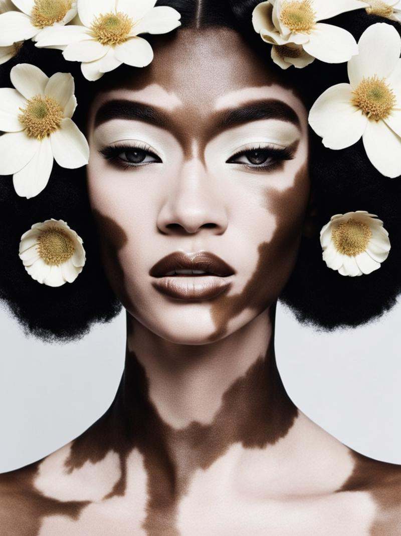harper's bazaar fashion editorial style of a white pale vitiligo woman,  floral organic,  mechanical on Tensor.Art