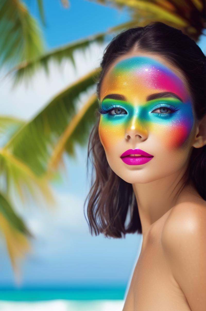 photo from a beach with palm trees,  style \(artistic makeup\) on Tensor.Art